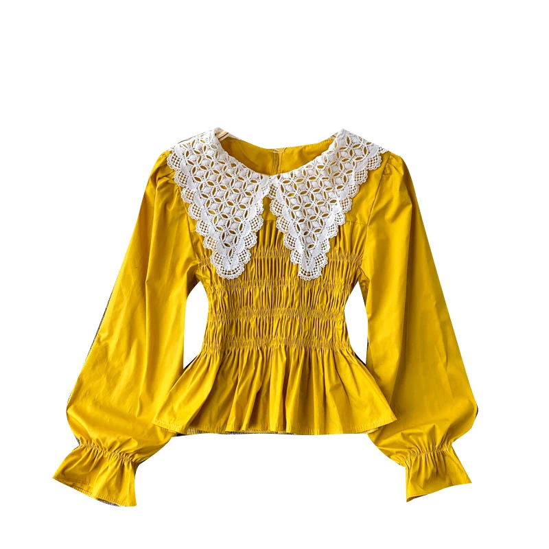 

Women Korean Solid Blouses Design Hollow Peter Pan Collar Long Sleeve Ruffle Top Spring Elastic Ruched Streetwear Tops
