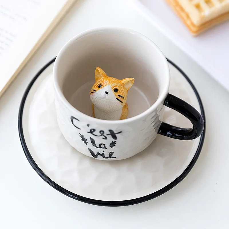 

Cute Cat Relief Ceramics Mug With Tray Coffee Milk Tea Handle Porcelain Cup Novelty Gifts 3d Animal Cat Claw Mug Cup