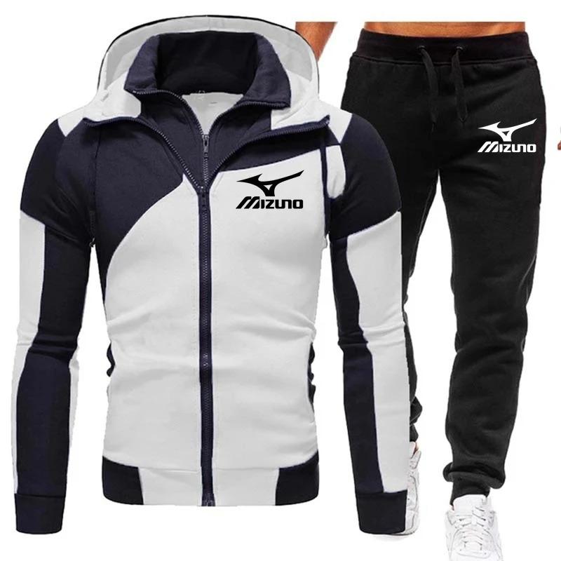 

2021 New Mizuno Men's Fashion Hooded Stitching Printed Zipper Jacket + Pants Suit Men's Hooded Sweater Casual Jacket With Hood