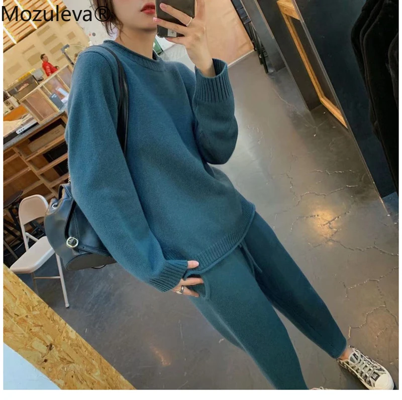 Mozuleva зимний свитер набор женский джемпер с круглым вырезом и брюки карандаш 2019