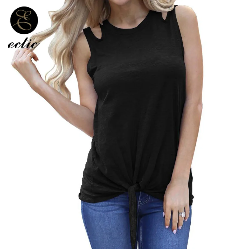 Простой Хлопковое Майка Перед Узел Полый Выдолбить Распарывать Сексуальное