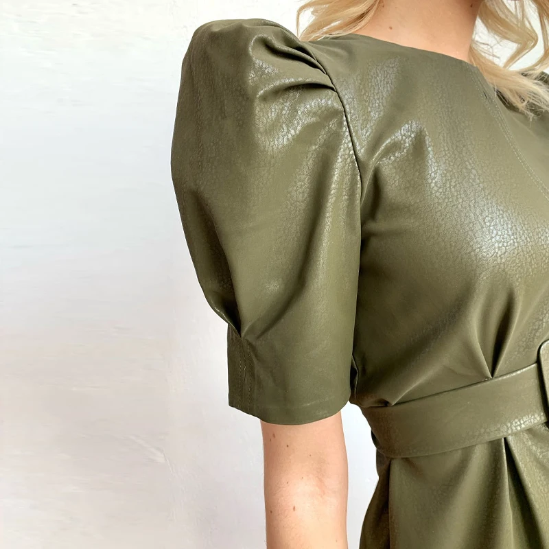 

Woman Casual O-Neck Short Puff Sleeves Mini PU Leather Dresses Sweet Basic Solid Belt Straight Dresses 2021 New Chic Fashion