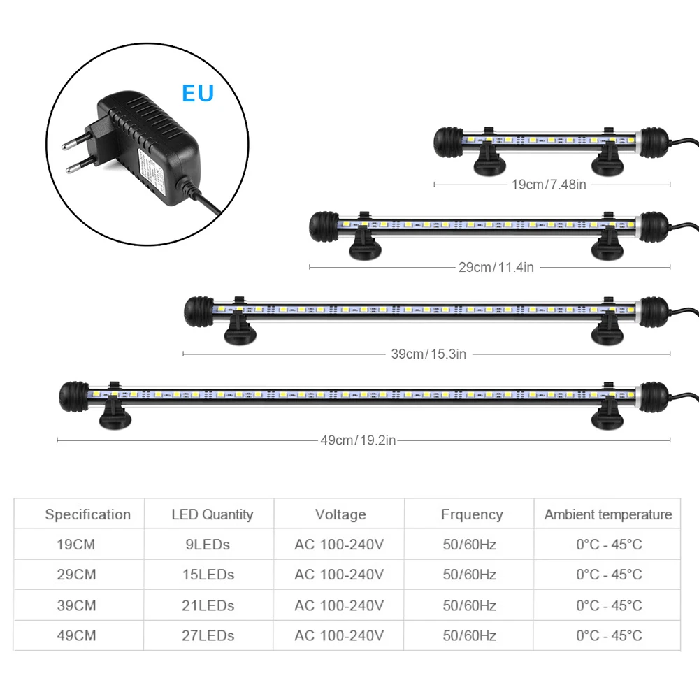 

1Pcs EU Plug LED Aquarium Lights Waterproof Fish Tank Light Submersible Underwater Clip Lamp Aquatic Decor Lamp 19/29/39/49 CM