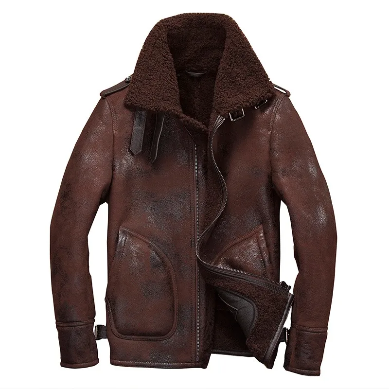 

Genuine Mens Shearling Coat Leather Bomber Jacket Vintage Real Fur Lapel Motorcycle Jackets Large Size 5XL Sheepskin Overcoat