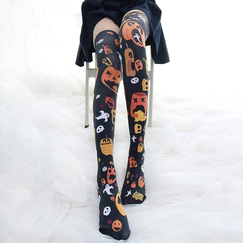 

Japanese Lolita Girls Stockings Halloween Theme Velvet Long Stocking Black Overknee Tights Socks For Women