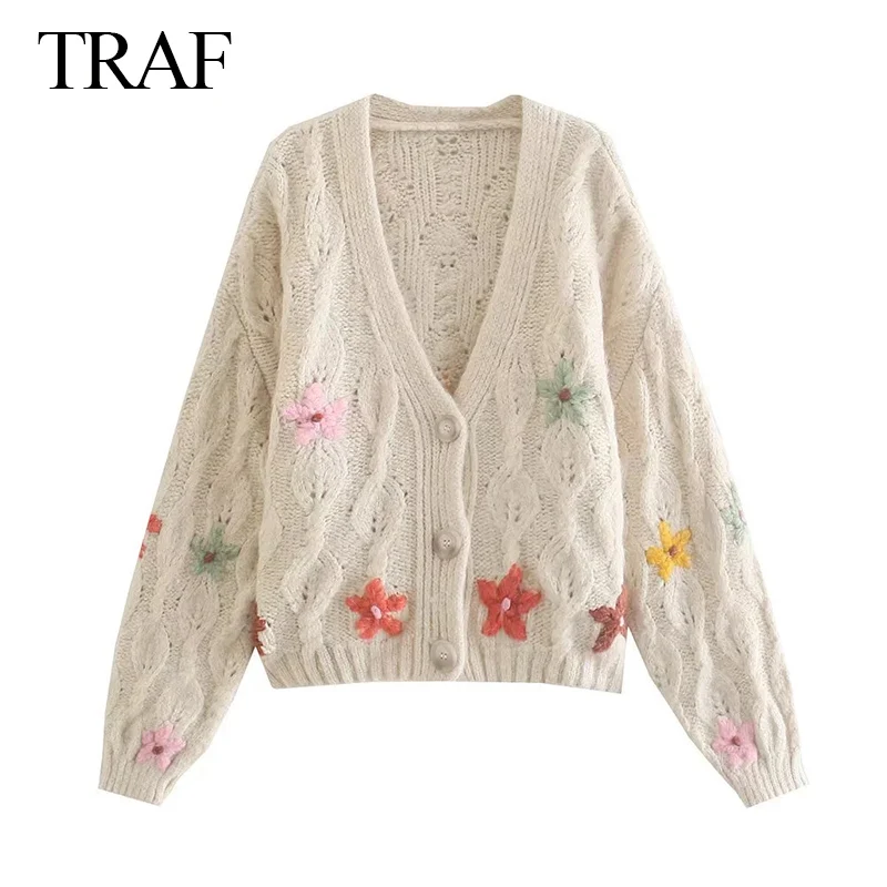 

TRAF ZA Women's Sweater Fashion V-Neck Knitted Crochet Cardigan Long Sleeve Tops Sweet Loose Outerwear Chic Short Coat Mujer