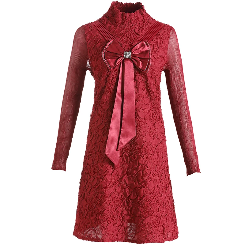 

Long Sleeve Dress 2020 Women Autumn and Winter New Plus Size Loose Fashion Embroidered Stand collar Red Bottoming Dress