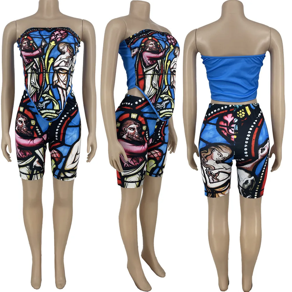 

Women Oil Painting Corset Two Piece Sets Lady Sleeveless Backless Top and Skinny Biker Short Female Summer Party Clubwear Outfit