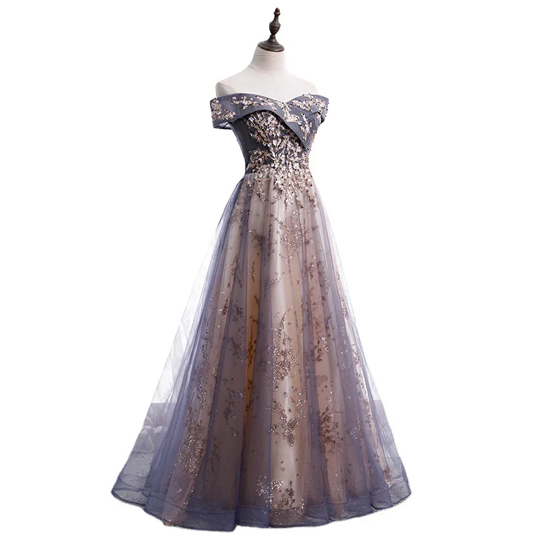 

Grey Prom Dresses Long Scoop A-Line Crystal Formal Evening Wedding Party Gown for Women Vestidos Robe De Soiree In Stock BD21