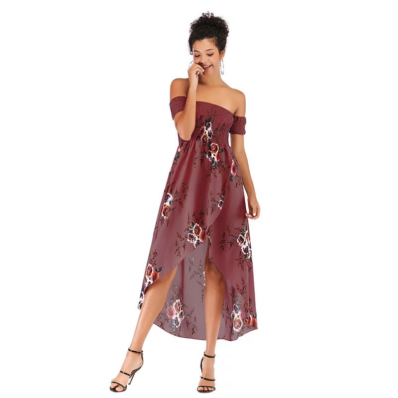 

2020 Amazon cross border summer print off shoulder one line collar irregular split breast wrapped dress for women