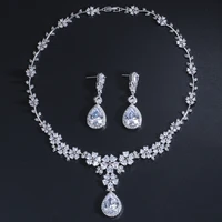 threegraces luxury shiny cubic zirconia flower shape long big bridal wedding party earrings necklace jewelry set for women js090