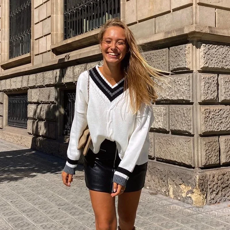

New Spring Autumn Women Long Sleeve Sweater Fashion V Neck Patchwork Female Casual Loose Pullovers Kintted Tops