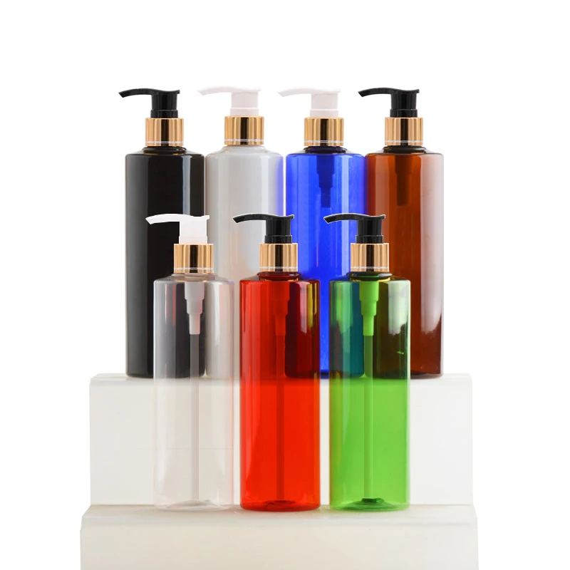 

30pcs 250ml Empty Plastic PET Bottles With Gold Collar Lotion Pump Clear White Blue Black Container For Liquid Soap Shower Gel