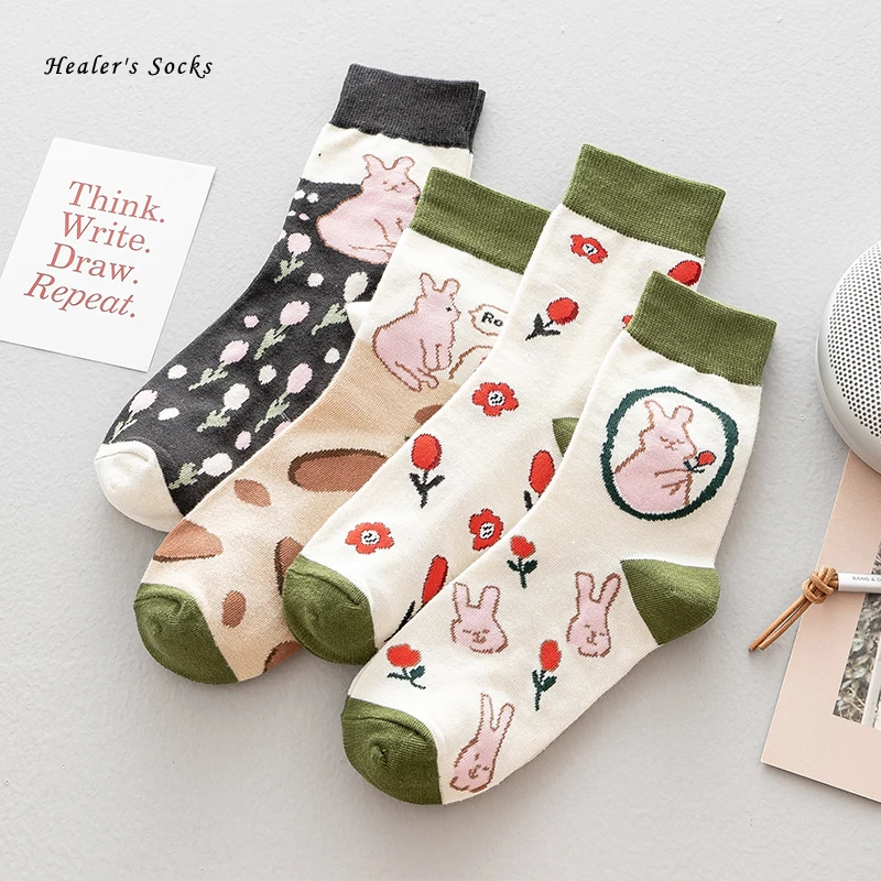 

New Kawaii Green Cartoon Rabbit Women Socks Cotton Harajuku Japanese Printed Flower Fashion HipHop Soft Cute Funny Girls Socks