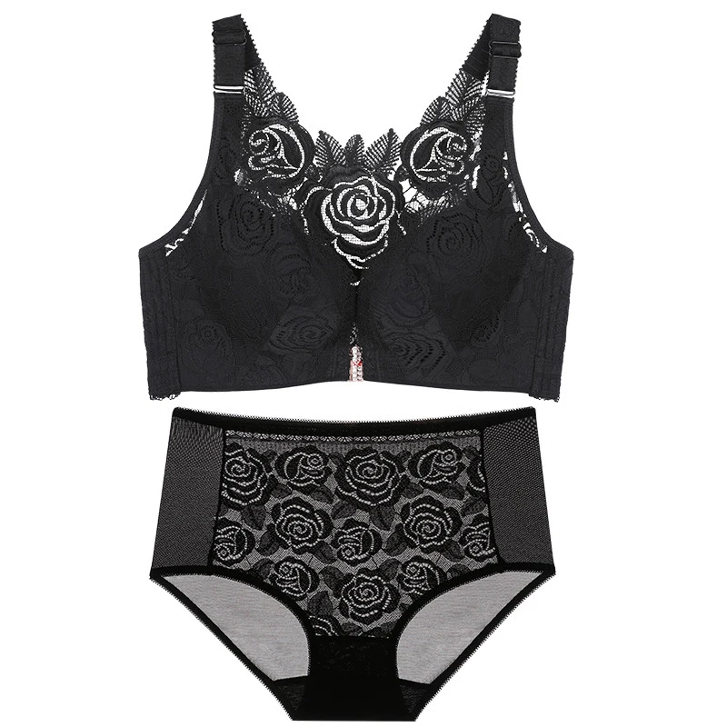 

Front button plus size rose bra set Gathered and adjustable push up bra set 48D 110D