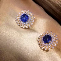 huitan vintage women earring blue cubic zirconia noble female party accessories high quality gold color ear stud luxury jewelry