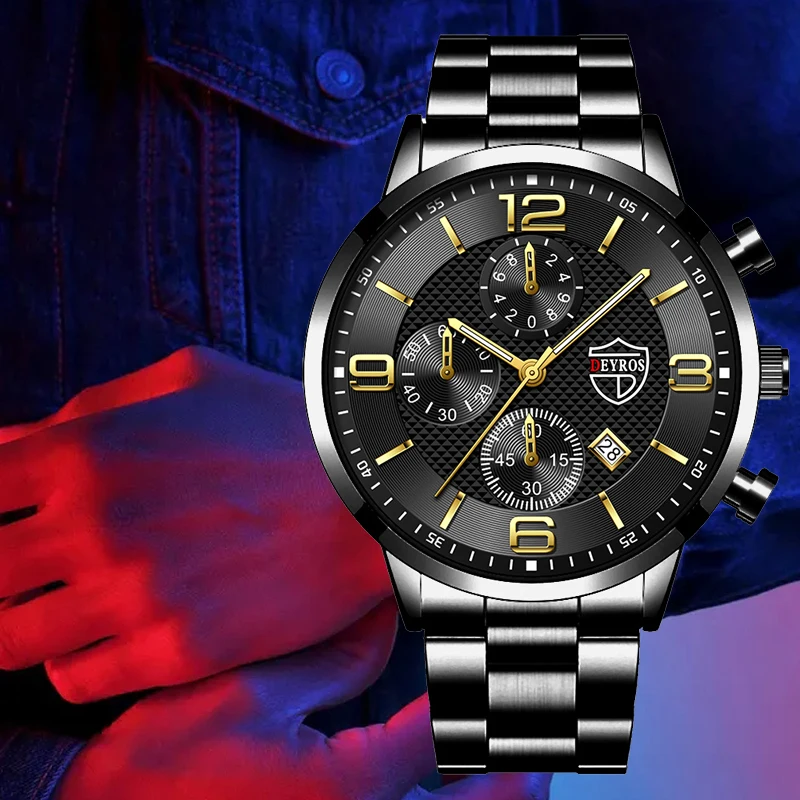 

relogio masculino Luxury Business Mens Watch Stainless Steel Quartz WristWatch Male Sport Leather Watch Calendar Luminous clock