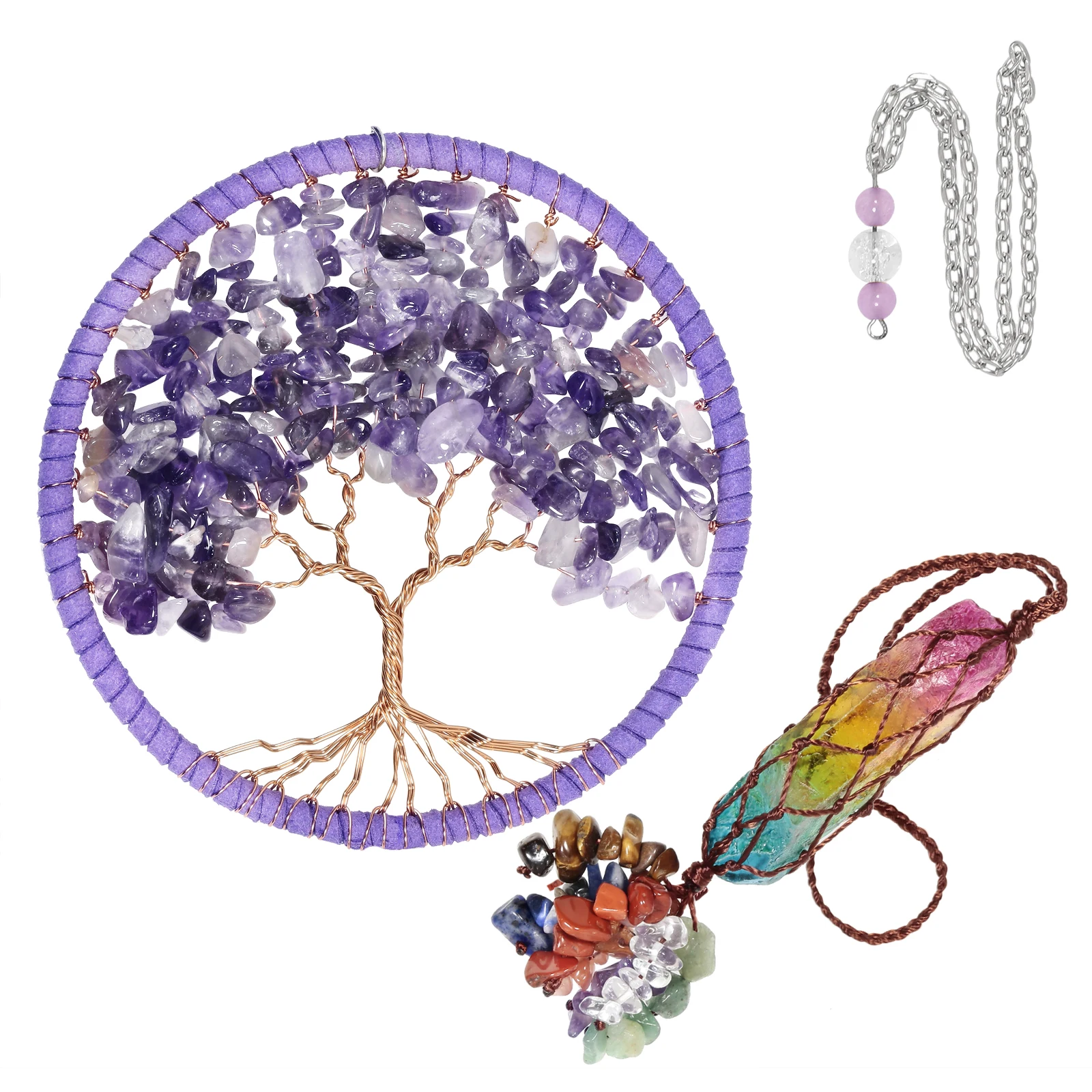 TUMBEELLUWA Healing Crystal Tree of Life Hanging Ornament,Rainbow Titanium Coated Crystal Wand with Stone Tassel for Home Decor