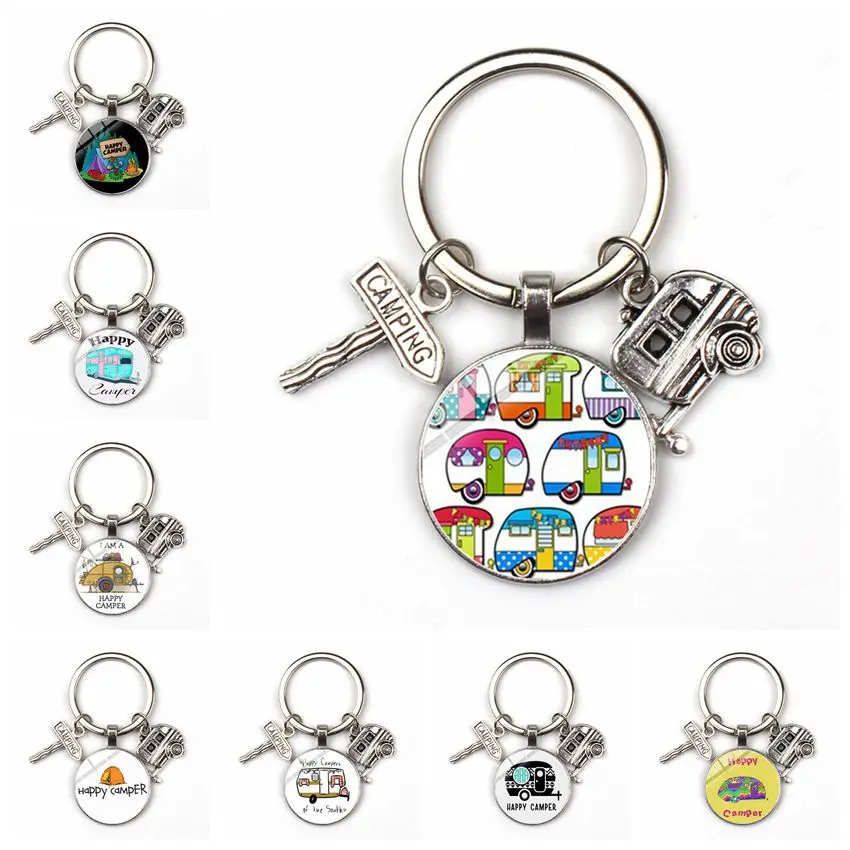 

2022 The New Best Selling Models Go Camping Cute Wagon Keychain Signposts To Travel Car Keychain Round Glass Keychain Gift