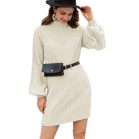 2021 new womens mid length lantern sleeve knitted warm dress sweater half turtleneck comfortable skirt top