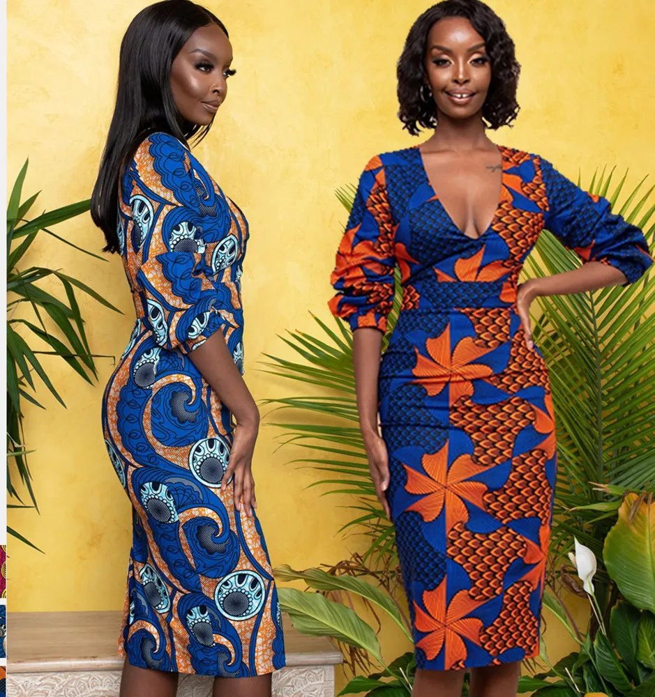 

Amorous feelings digital printing women's sexy V-neck seven point sleeve dress fashion temperament hip skirt