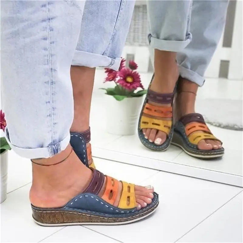 

Women's Beach Slippers 2021 Summer Women Lady Retro Stitching Colorcasual Low Beach Open Peep Toe Sandals 3 Colors Shoes Slides