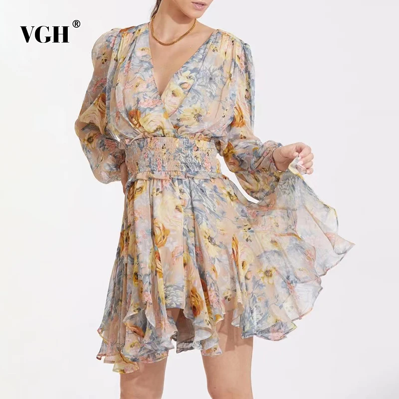 

VGH Vintage Hit Color Dress For Women V Neck Lantern Long Sleeve High Waist Ruched A Line Mini Dresses Female Summer Fashion New