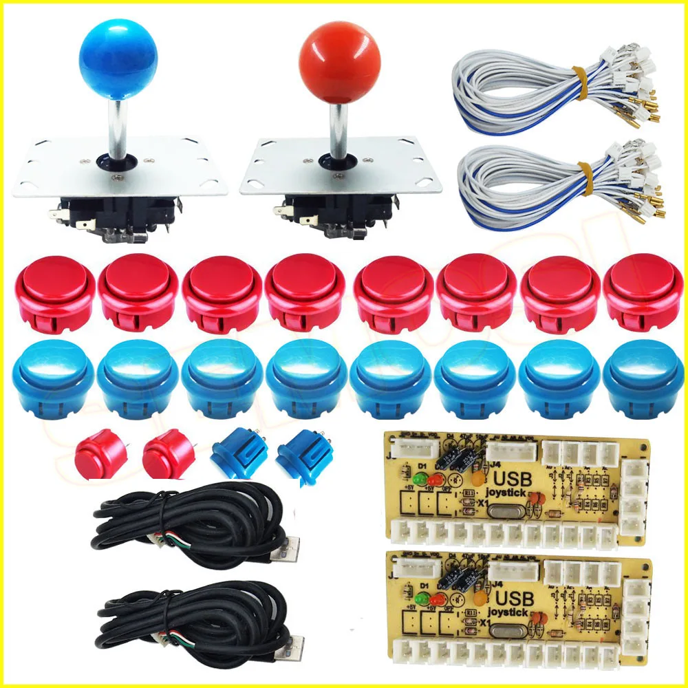 DIY аркадный набор джойстика для 1/2 плееров PC компьютерные игры для аркадных джойстиков кнопки W Нулевая задержка USB энкодер для аркадной машины - Цвет: Red and Blue Kit 2