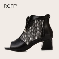 women peep toe sandals plus size 44 45 46 47 48 summer korean style shoes high square block heel handmade black mesh lace up zip