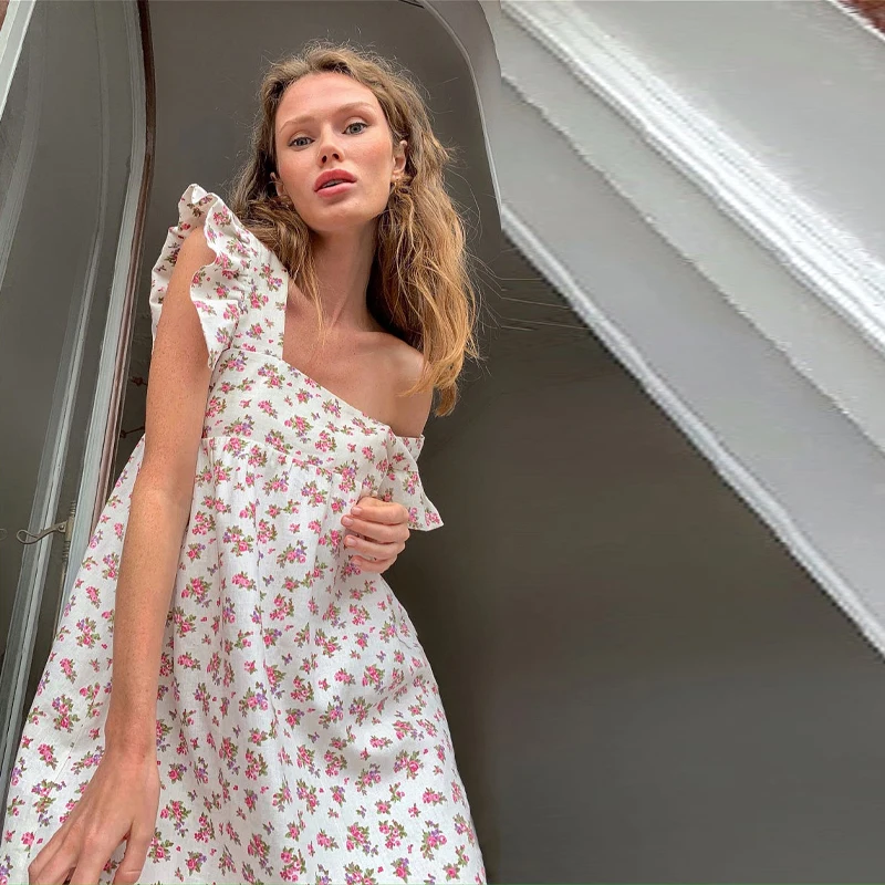 

Casual Square Collar Butterfly Sleeve Mini Sweet Dress Woman Backless High Waist Loose Linen Solid Dress 2021 Summer