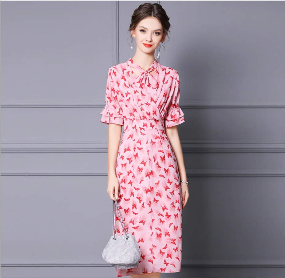 

2021 New Summer Cool Sweet A-Line Skirt With Butterfly Prints Pink Color Empire Dresses For Female Demure Elegant Style Dress