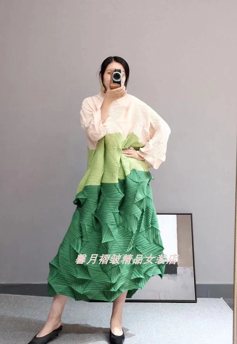 Miyake модные раза Алмазный плиссированное платье с рукавом три четверти в стиле пэчворк, воротник-стойка, свободные бутон платье