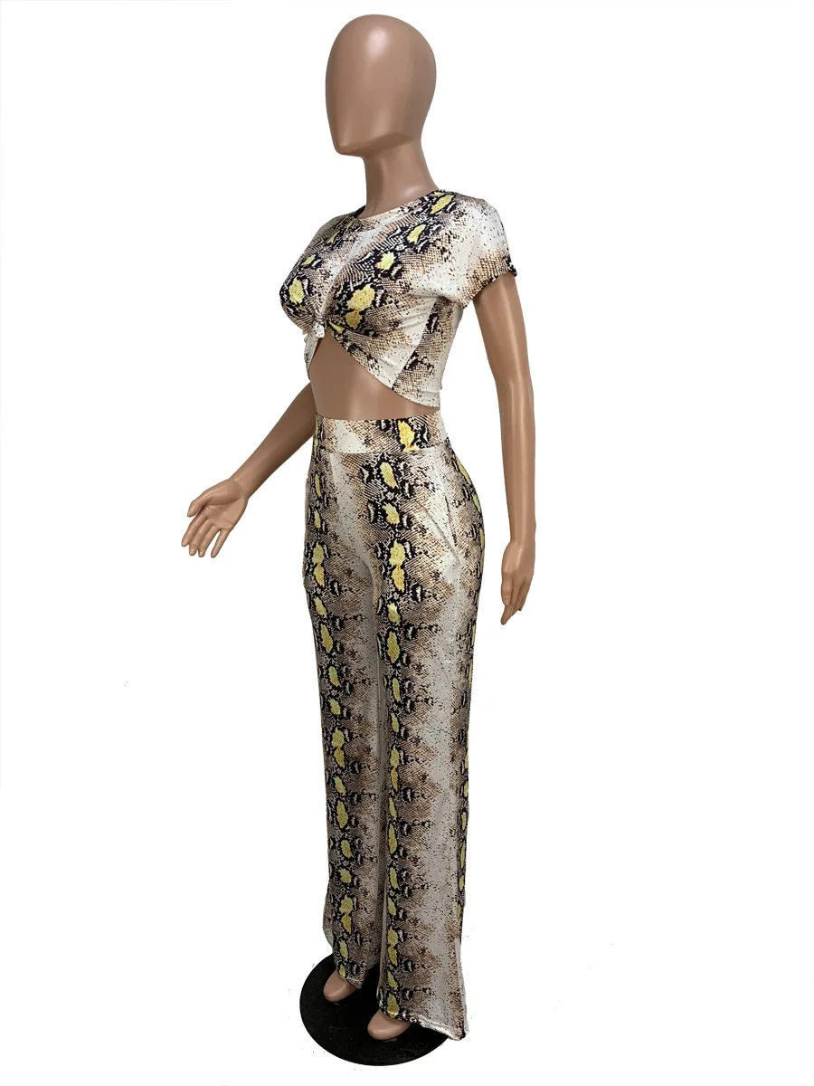 women sexy Outfits tracksuit Summer Snake skin Print Crop Top two pieces Sets Sportswear casual fashion Bandage SM7192