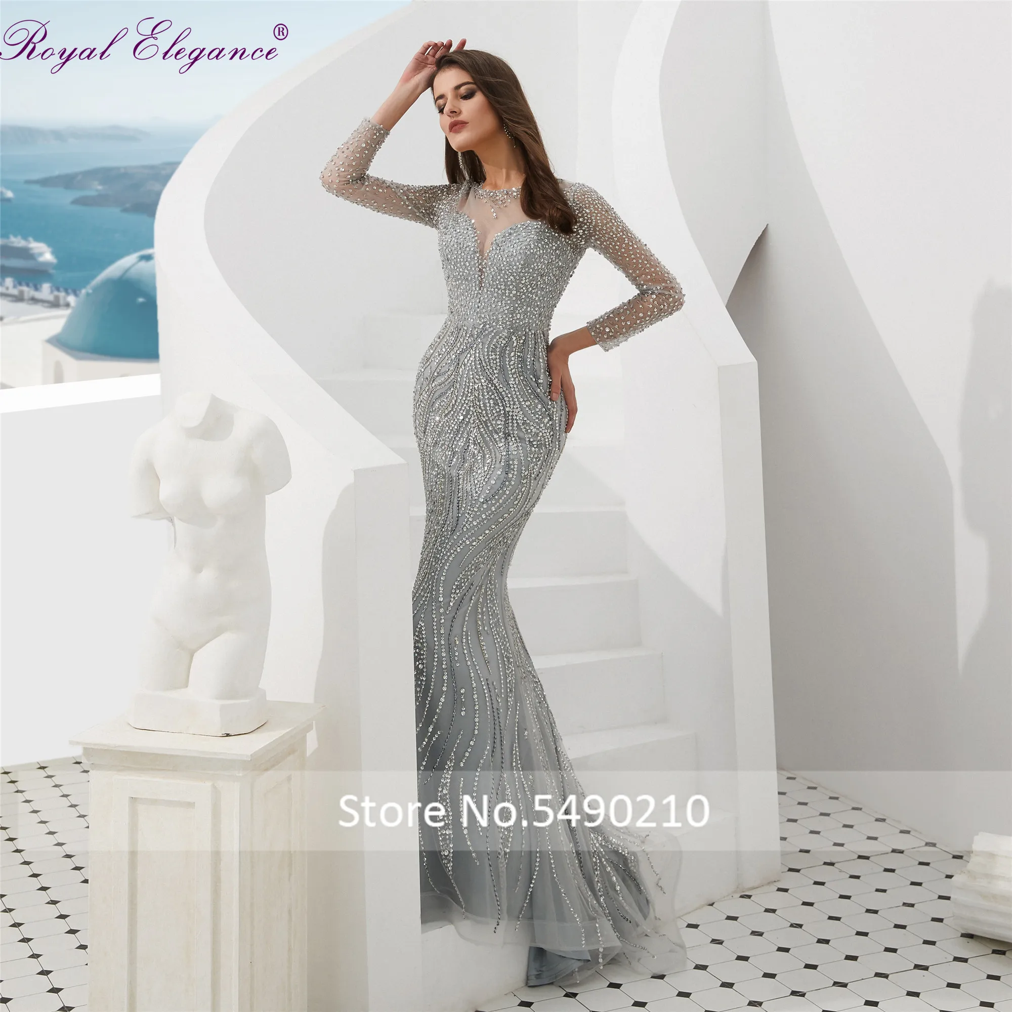 

2020 Heavy Beaded Fashionable Silver Mermaid Evening Dress Long Sleeve Illusion Neckline Factory Made Fishtail Prom dress