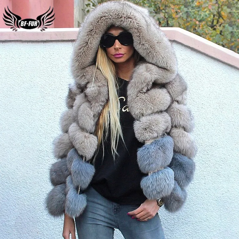 2022 Fashion Women Real Blue Fox Fur Jacket With Hood Genuine Natural Fox Fur Coat For Woman Luxury Overcoat Winter Fur Coats