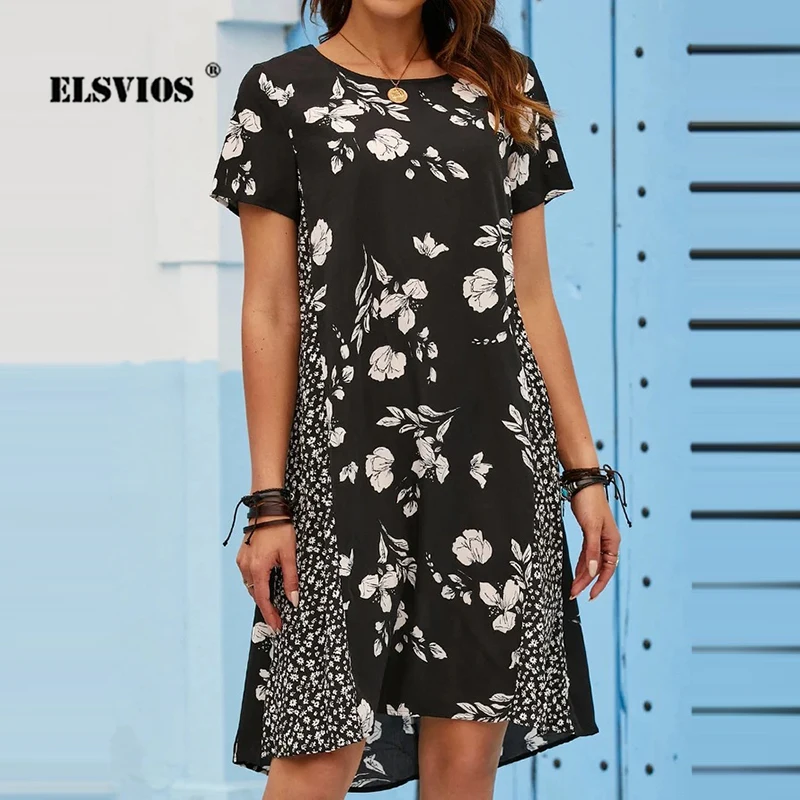 

Женское короткое платье с круглым вырезом, коротким рукавом и принтом