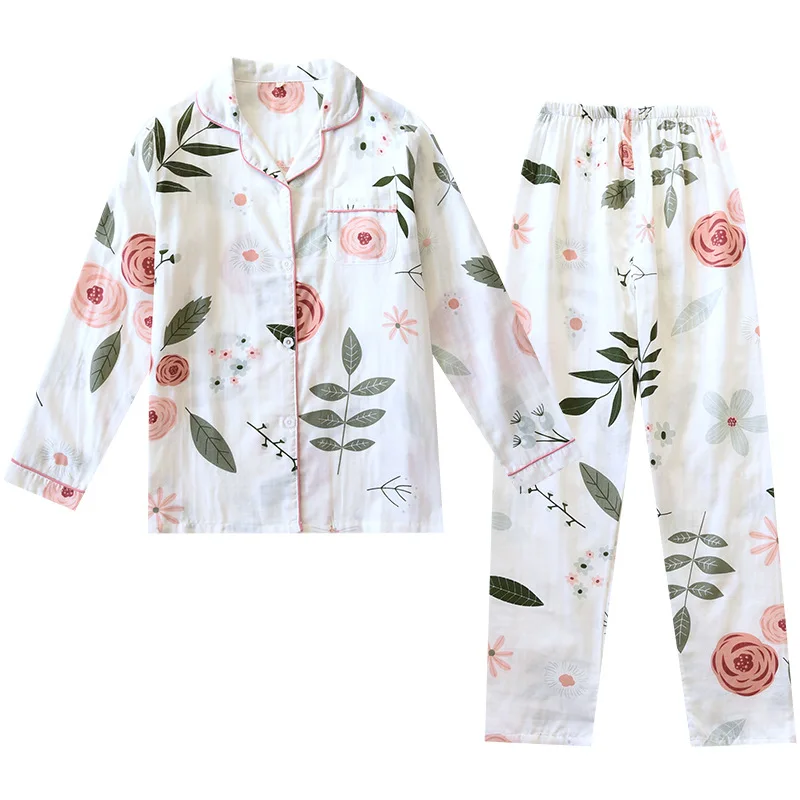 South Korea Summer Hot Selling Fresh Flowers Ladies Long Sleeve Pajamas Set Cotton Gauze Casual And Comfortable Women Pajamas