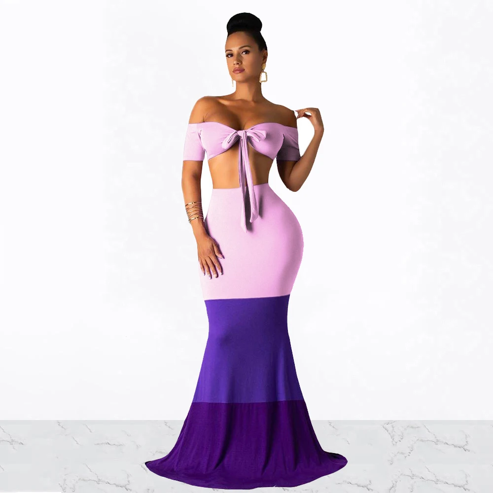 

Women Sexy Solid Bow Bandage Slash Neck Short Sleeve Off Shoulder Crop Top + High Waist Patchwork Slim Mermaid Skirts 2 Pieces