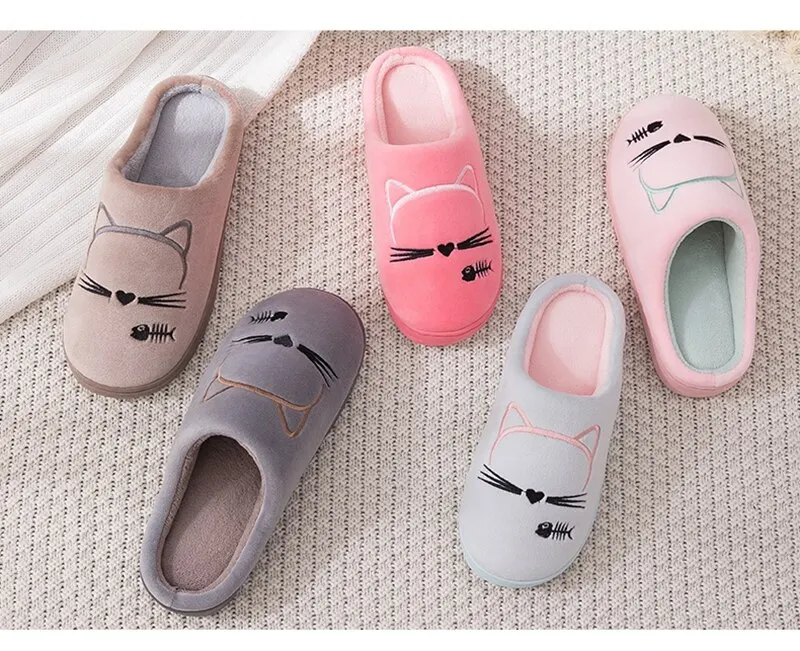 Women Winter Home Slippers Cartoon Cat Shoes Non-slip Soft Warm House Slippers Indoor Bedroom Lovers Couples Shoes