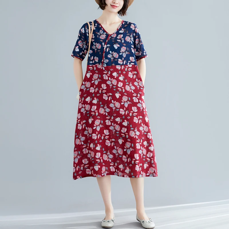 

Женское хлопково-льняное платье в стиле ретро, свободное платье А-силуэта с цветочным принтом, V-образным вырезом и коротким рукавом, в стиле...