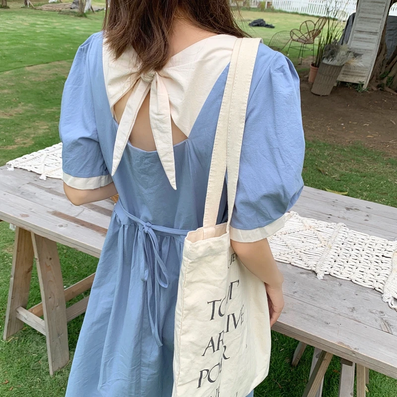 

Korean vintage girls summer dress square collar back lace-up bow puff sleeve women dresses slim waist a-line long dress robes