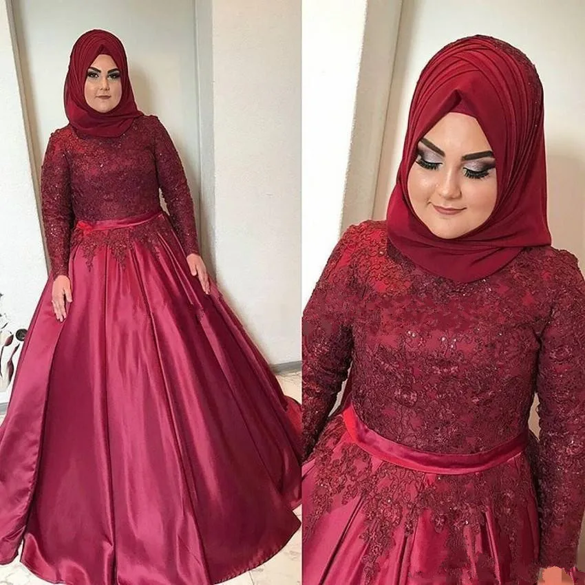 Фото Мусульманское арабское темно-красное искусственное свадебное платье с высокой