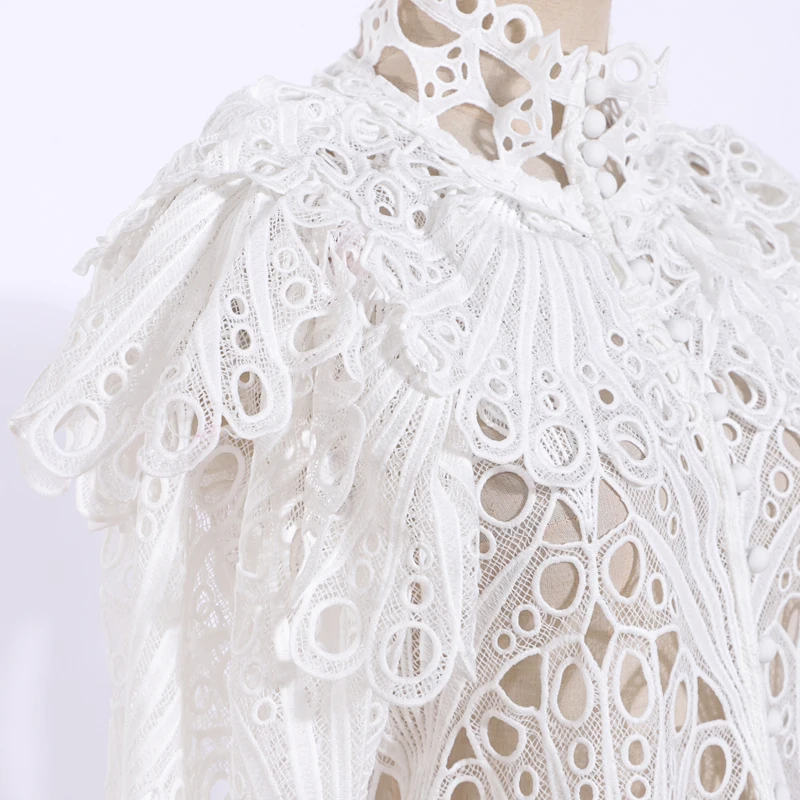 

Hollow Out Lace Ruffled Women's Shirts Stand Neck Long Sleeve White and Black Ladies Fashion Blouses 49-4.9
