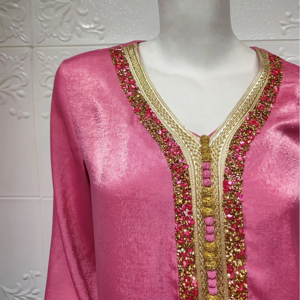 

Eid Mubarak Ramadan Dubai Abaya Jalabiya Pink Dress Muslim Women Diamond Hijab Robe Kaftan Wedding Gown Islam Turkey Clothese