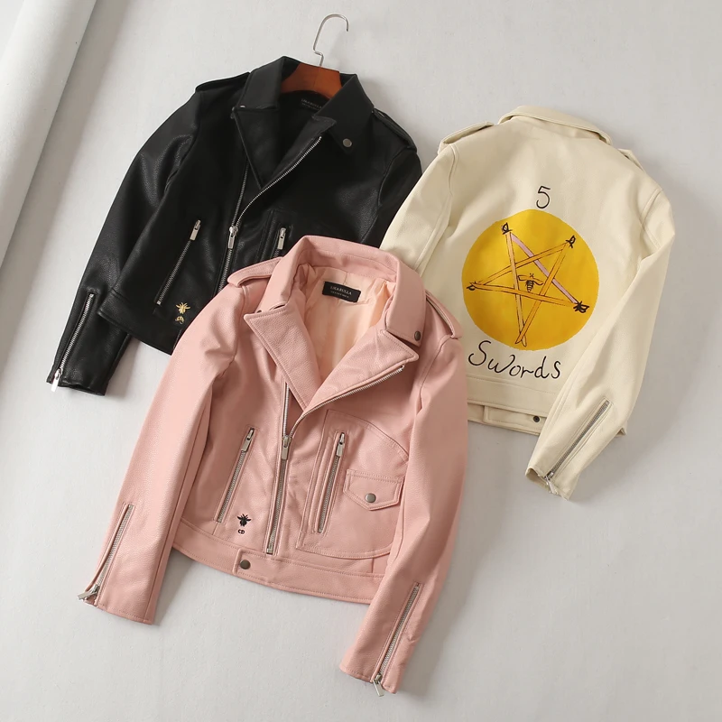 

Женская короткая осенняя куртка из искусственной кожи, пальто с отложным воротником, модная мотоциклетная кожаная верхняя одежда, Женская ...