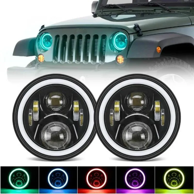 

7" Led Headlight Conversion Kits W/ RGB Led DRL Halo Ring Light For Jeep Wrangler JK TL Hummer Trunks Motorcycle H4 H13 Adapter