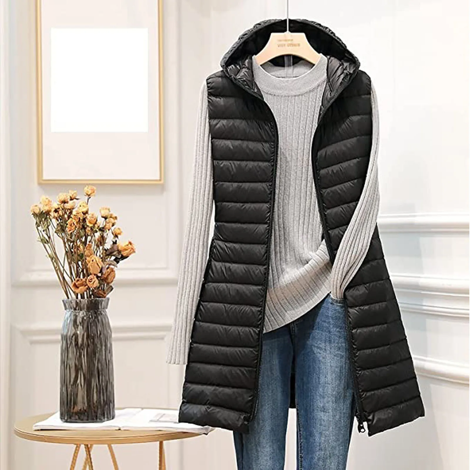 

Fashion Women's Jacket Autumn Winter Warm Hooded Wadded Jacket Style Lightweight Down Coat Vest Jacket doudoune sans manche E3