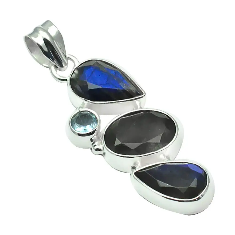 

Nature Labradorite + Blue Topaz Pendant 925 Sterling Silver, 48.2 mm, 2SP0056