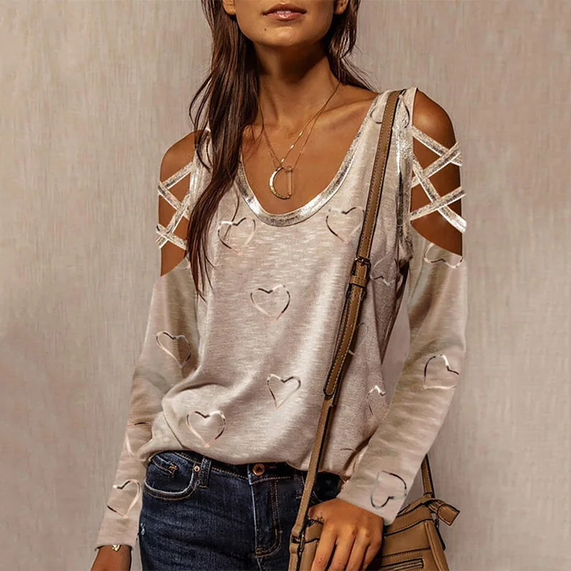 

Женская футболка с открытыми плечами, длинным рукавом и круглым вырезом