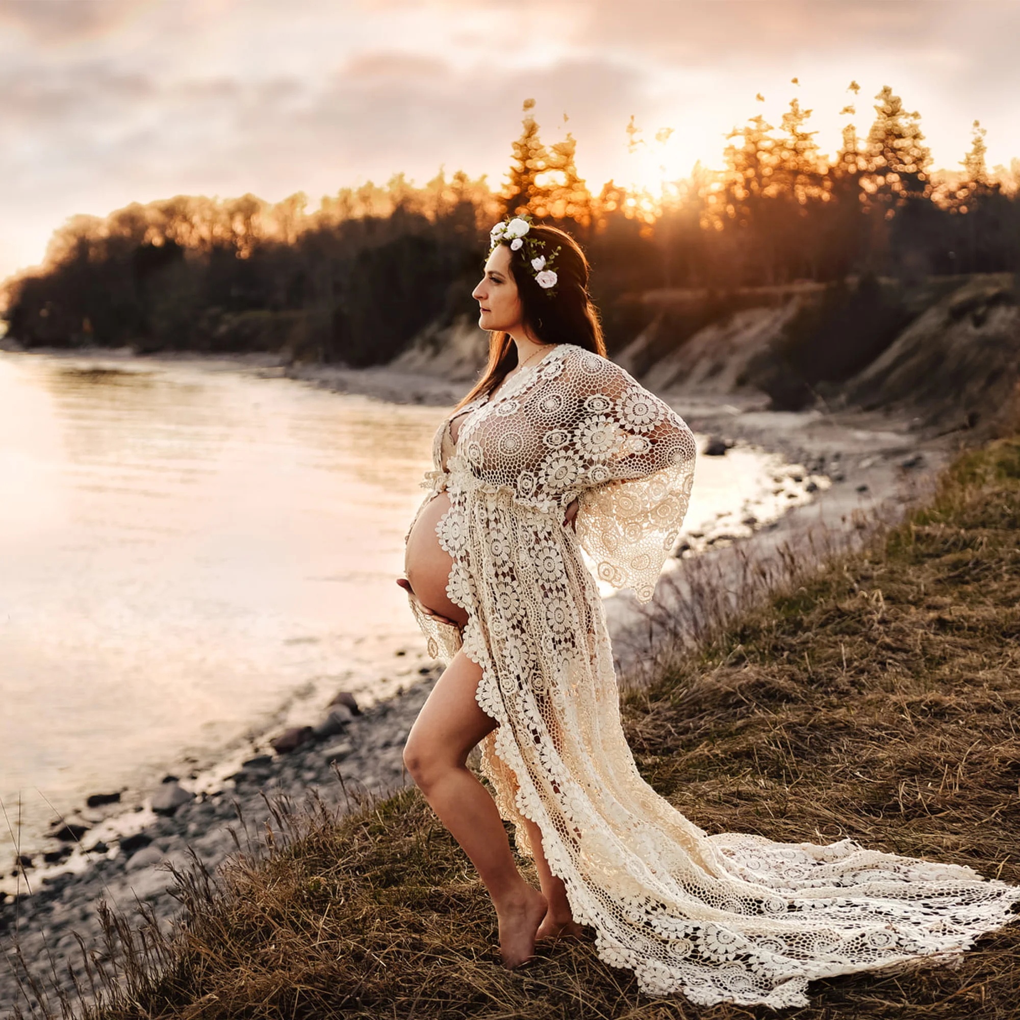 Photo Shoot Boho Maternity Dress Vintage Cotton Pregnant Evening Party Robe Maxi Lady Gown Photography Prop Baby Shower Gift